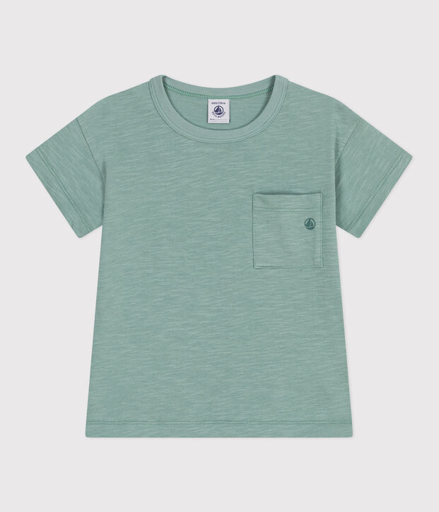 Camiseta infantil lisa de manga corta de algod&oacute;n verde