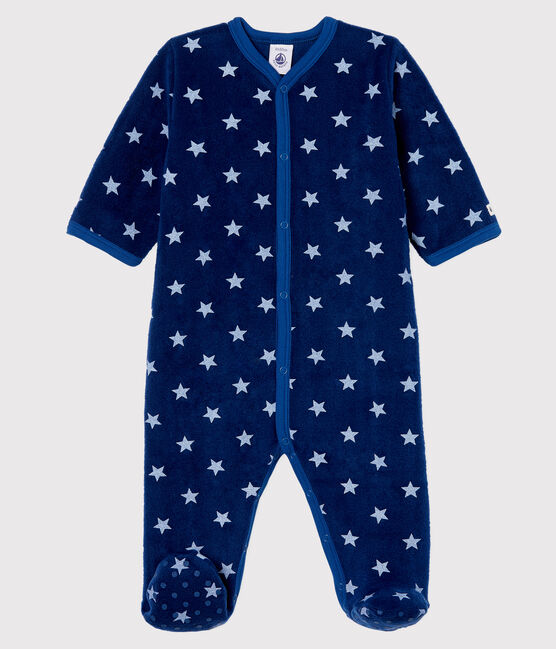 Mono pijama con estrellas de bebé de tejido polar azul MEDIEVAL/blanco MARSHMALLOW