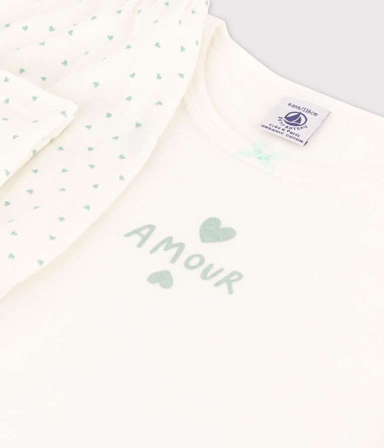 Pijamas de algod&oacute;n con estampado de corazoncitos de ni&ntilde;a blanco/verde