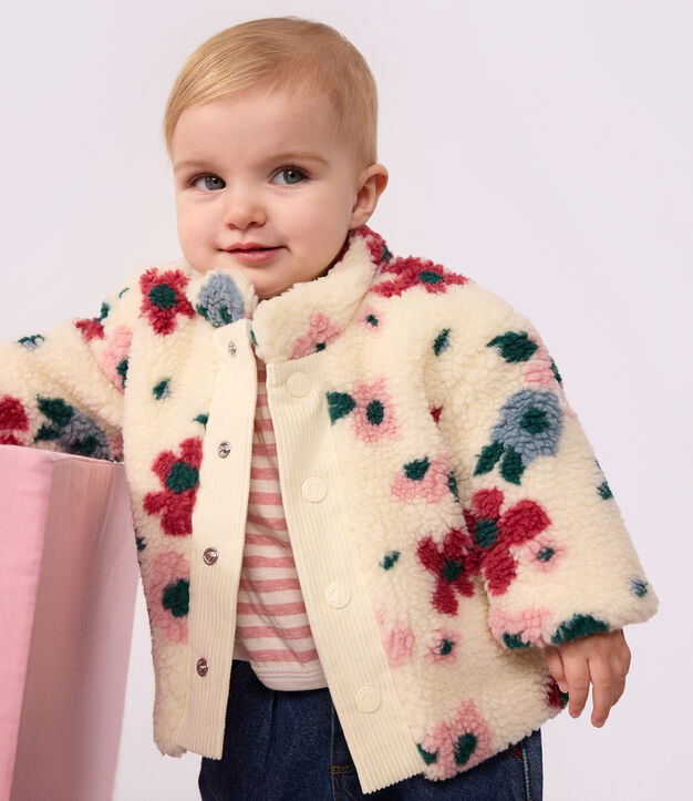 Abrigo enguatado de borreguito con estampado de flores para beb&eacute; crudo/multicolor