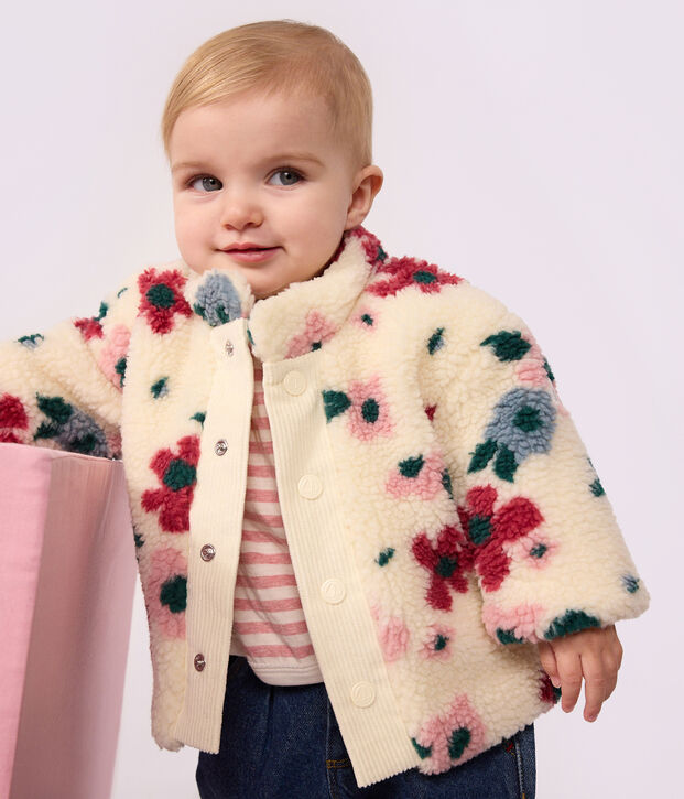 Abrigo enguatado de borreguito con estampado de flores para beb&eacute; crudo/multicolor