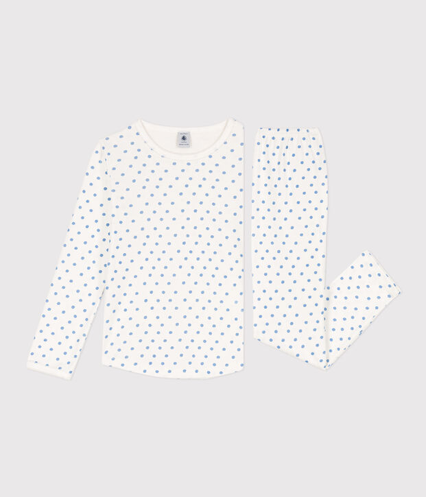 Pijama de algod&oacute;n de lunares para ni&ntilde;a blanco/azul