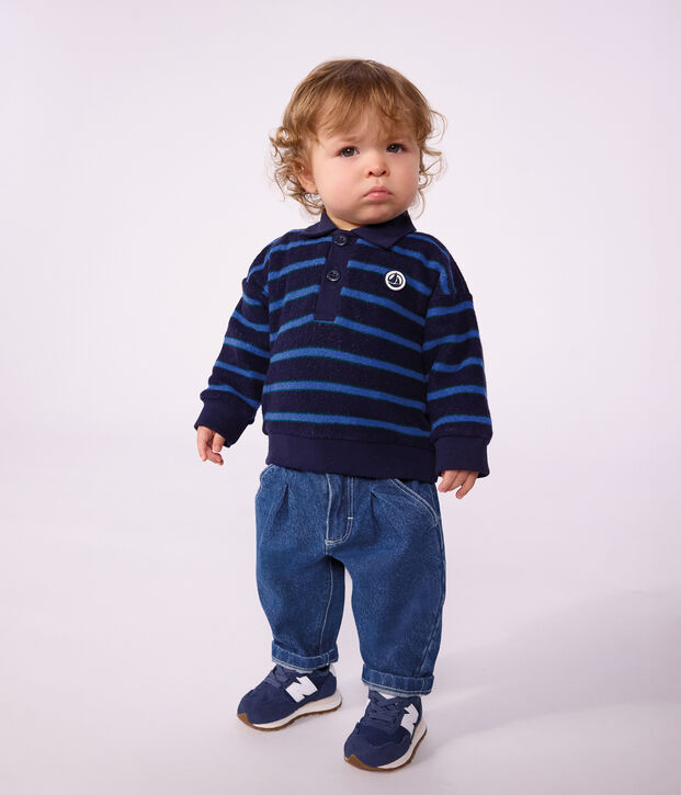 Sudadera de algod&oacute;n a rayas con cuello de polo para beb&eacute; azul/multicolor