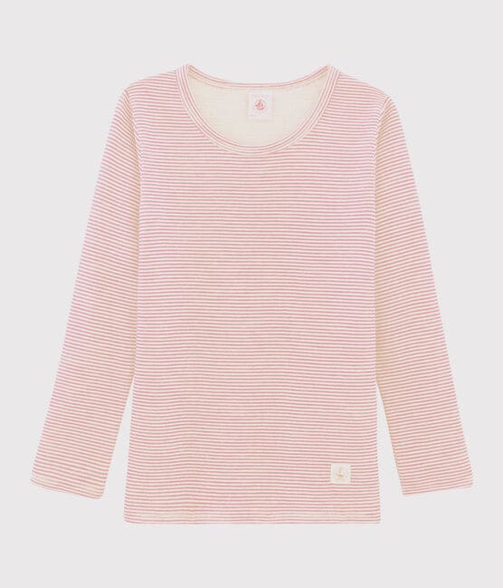 Camiseta infantil de manga larga de lana y algodón mil rayas para niña pequeña rosa CHARME/blanco MARSHMALLOW