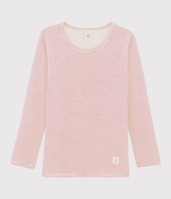 Camiseta de manga larga milrayas de niña de lana y algodón rosa CHARME/blanco MARSHMALLOW