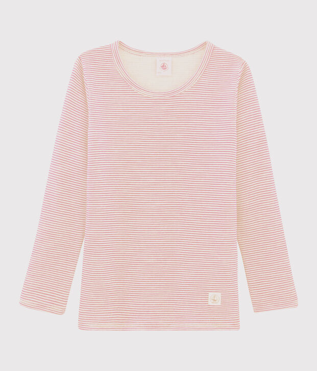 Camiseta de manga larga milrayas de ni&ntilde;a de lana y algod&oacute;n rosa/blanco