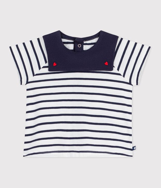 Blusa de algod&oacute;n con rayas marineras y cuello bordado para beb&eacute; blanco/azul