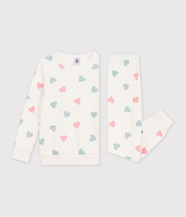 Pijama infantil de rizo de algod&oacute;n con corazones crudo/multicolor