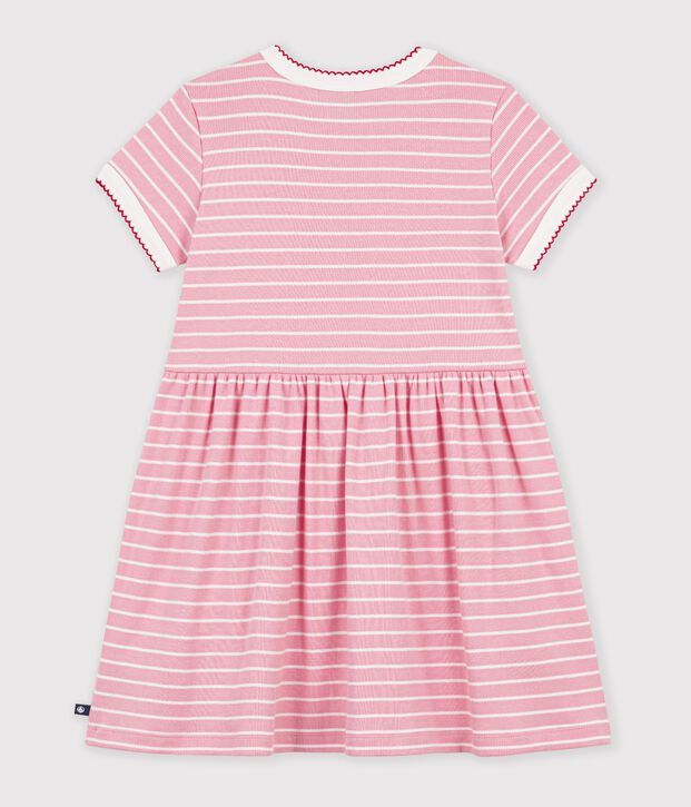 Vestido infantil de algod&oacute;n de manga corta a rayas rosa/blanco