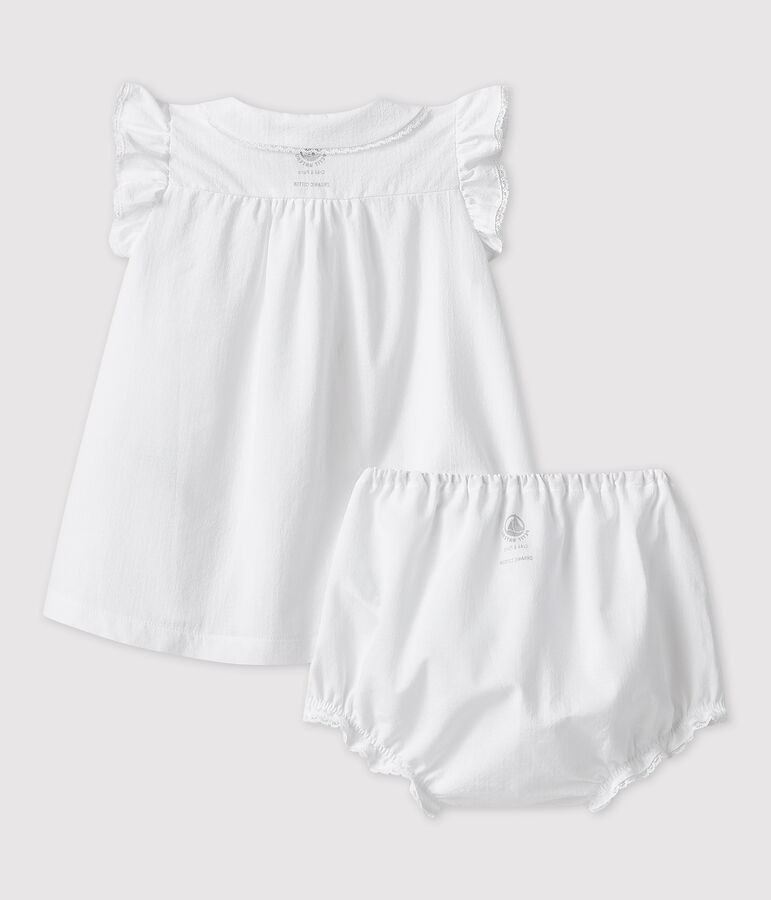 Vestido blanco de manga corta con braguitas bloomer de beb&eacute; ni&ntilde;a en popelina de algod&oacute;n ecol&oacute;gico blanco