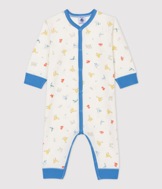 Pelele sin pies de bebé con estampado de animales de algodón orgánico blanco MARSHMALLOW/blanco MULTICO