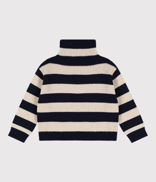 Jersey de punto tricotado de lana y algod&oacute;n para ni&ntilde;o azul/crudo