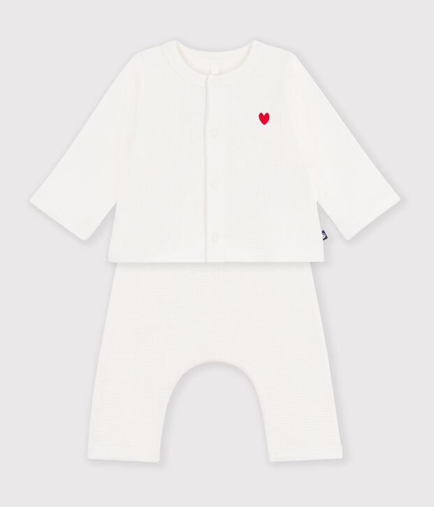 Conjunto para beb&eacute; en peto de algod&oacute;n liso bordado. blanco