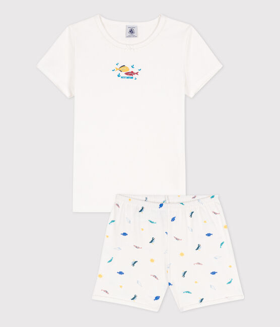 Pijama corto de algodón con animales marinos para niña blanco MARSHMALLOW/blanco MULTICO