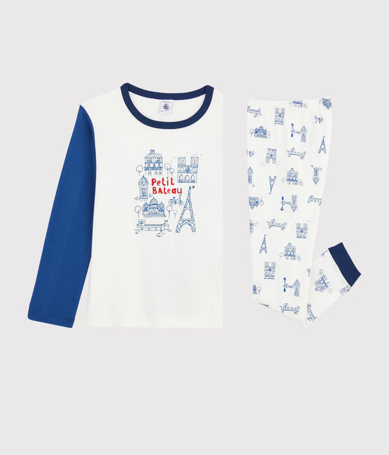 Pijama con dibujo de París de niño pequeño de punto blanco MARSHMALLOW/azul BLEU/ MULTICO
