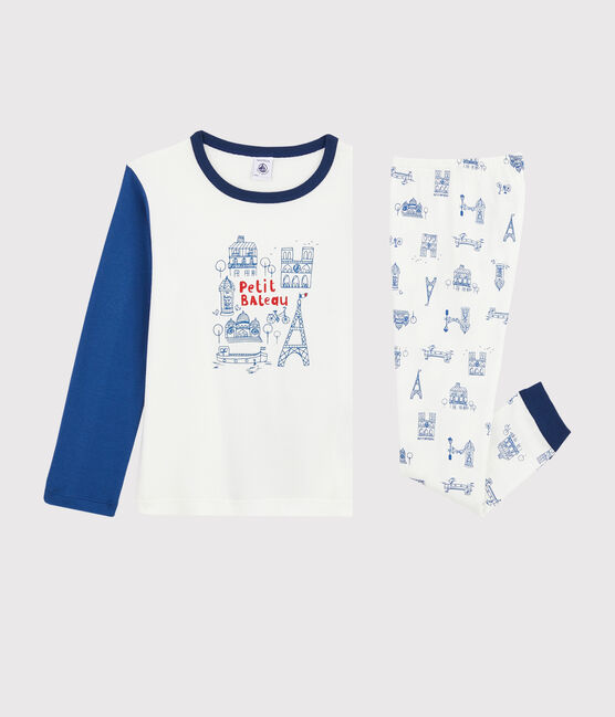 Pijama con dibujo de París de niño pequeño de punto blanco MARSHMALLOW/azul BLEU/ MULTICO