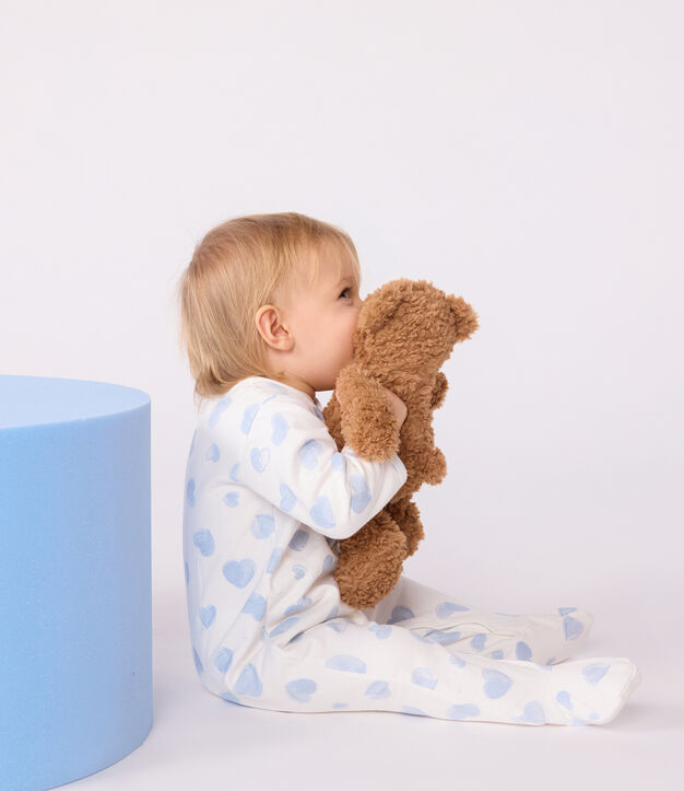 Pijama de felpa cepillada con cuello estampado de corazones para beb&eacute; blanco/azul