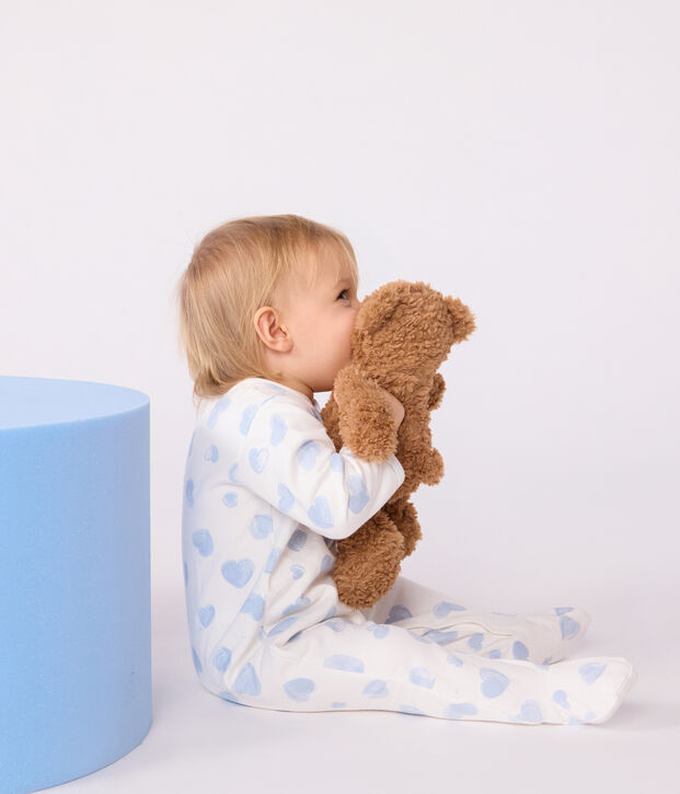 Pijama de felpa cepillada con cuello estampado de corazones para beb&eacute; blanco/azul