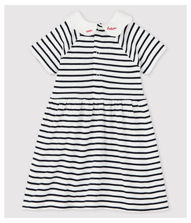 Vestido de manga corta de canal&eacute; de rayas de beb&eacute; ni&ntilde;a blanco/azul