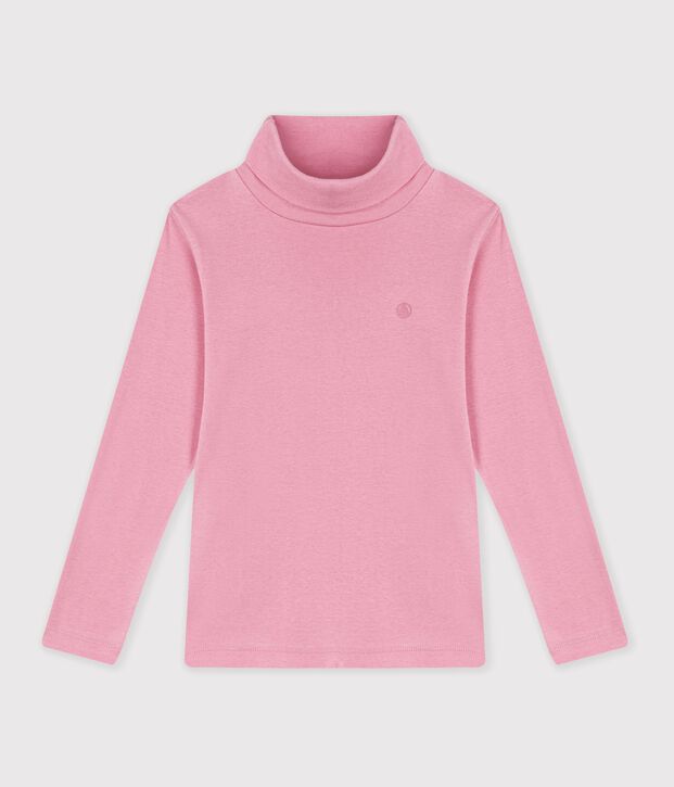 Camiseta infantil lisa de cuello alto de algod&oacute;n rosa