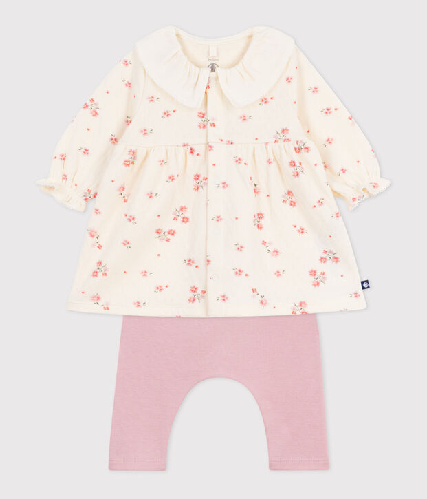 Vestido con cuello con estampado de flores y leggings de algod&oacute;n para beb&eacute; crudo/multicolor