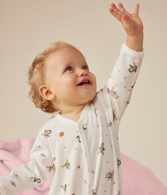 Pijama de terciopelo con estampado de pingüino en el espacio para bebé blanco MARSHMALLOW/blanco MULTICO