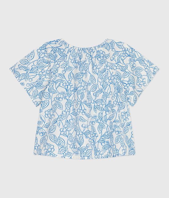 Blusa infantil de algodón de manga corta con estampado de cerezas azul MARSHMALLOW/ PORCELANA