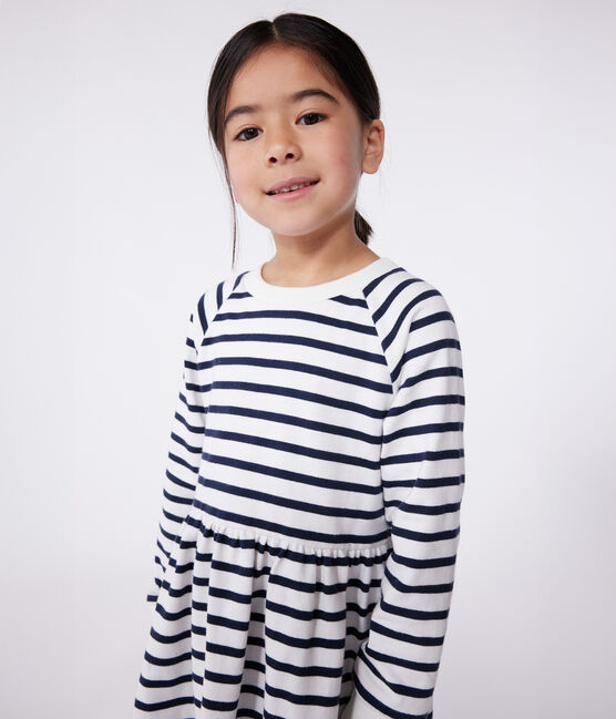 Vestido infantil de algodón de manga larga a rayas blanco MARSHMALLOW/azul SMOKING