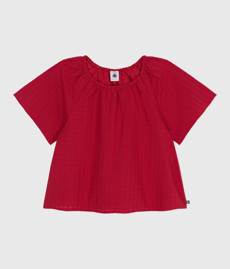 Blusa infantil de manga corta de algod&oacute;n con motivo de flores rojo