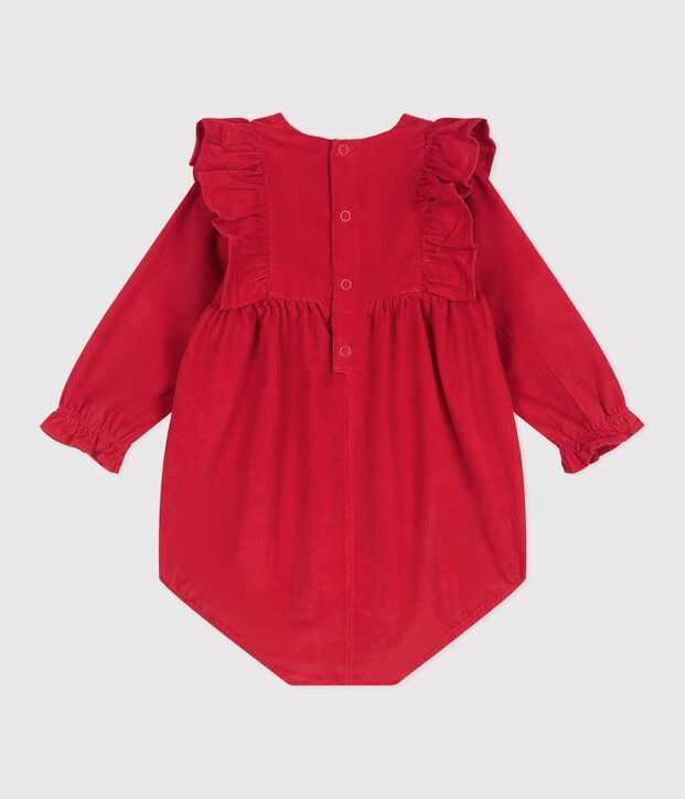 Mono corto de pana con frunces y volantes para beb&eacute; rojo