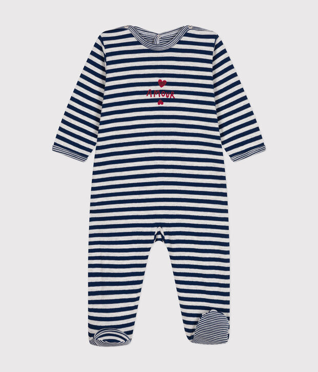 Pijama de t&uacute;bico a rayas para beb&eacute; azul/beige