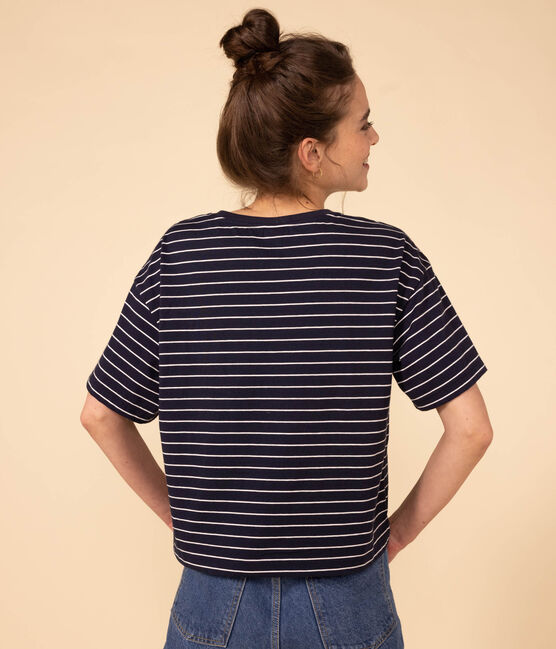 Camiseta LE BOXY de algodón para mujer azul SMOKING/blanco MARSHMALLOW