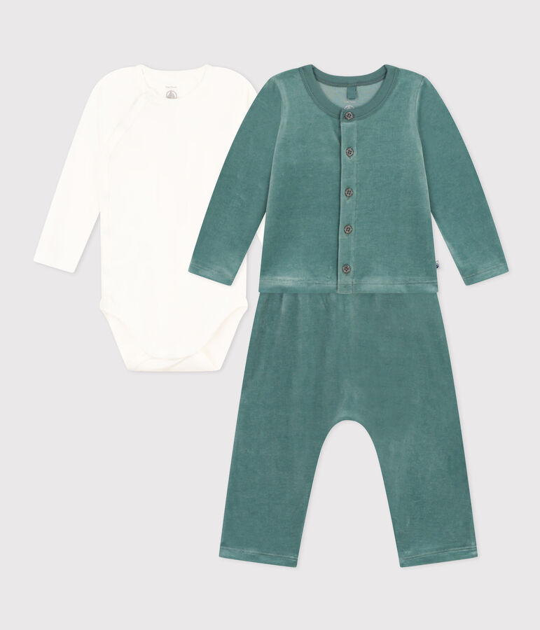 Conjunto de terciopelo y body para beb&eacute; verde