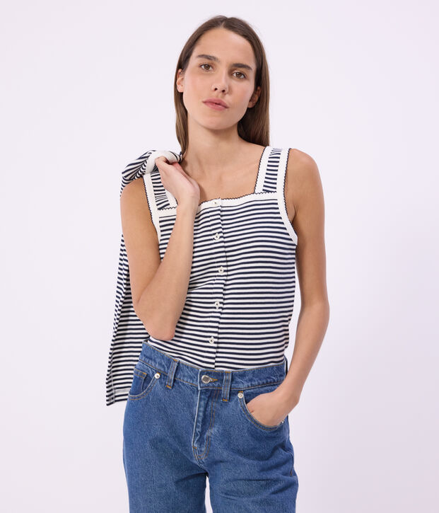 Camiseta de tirantes de algod&oacute;n a rayas para mujer azul/blanco