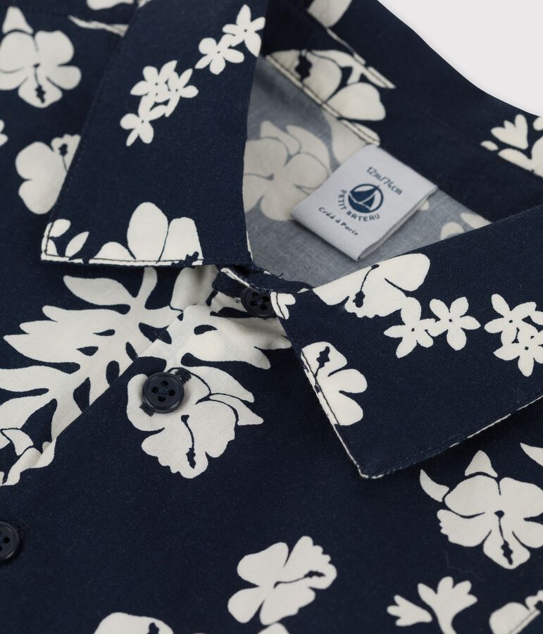 Camisa de manga corta con estampado hawaiano de popelina de beb&eacute; azul/blanco