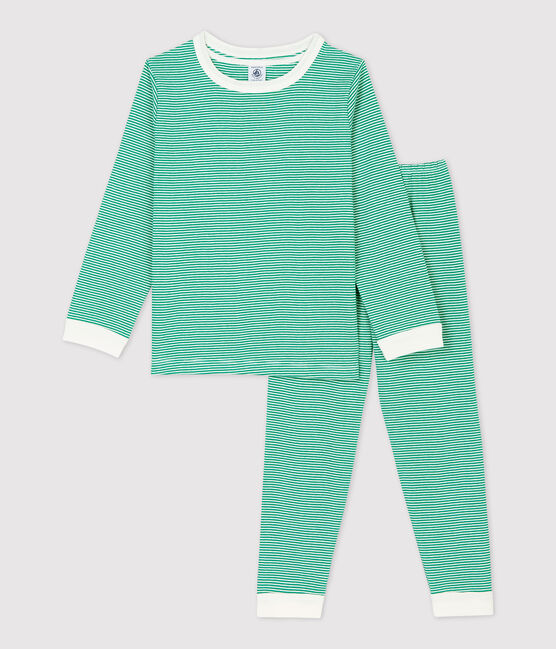 Pijama milrayas verde de niña/niño de algodón orgánico verde PIVERT/blanco MARSHMALLOW