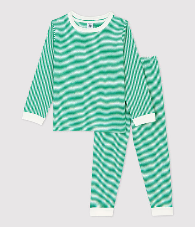 Pijama milrayas verde de ni&ntilde;a/ni&ntilde;o de algod&oacute;n org&aacute;nico verde/blanco