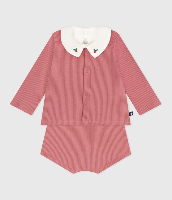 Conjunto de tres piezas de algodón y camiseta con cuello bordado para recién nacido rosa ROSEWOOD/ MULTICO