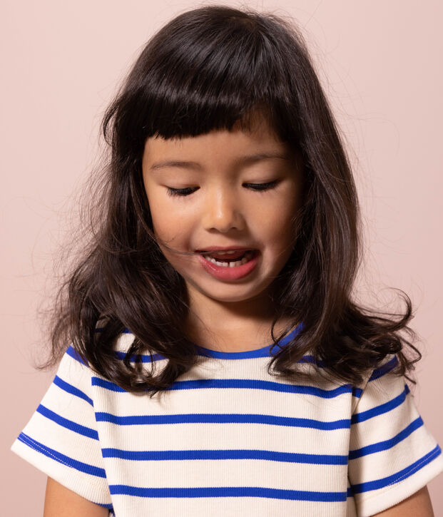 Camiseta de algod&oacute;n a rayas para ni&ntilde;a crudo/azul
