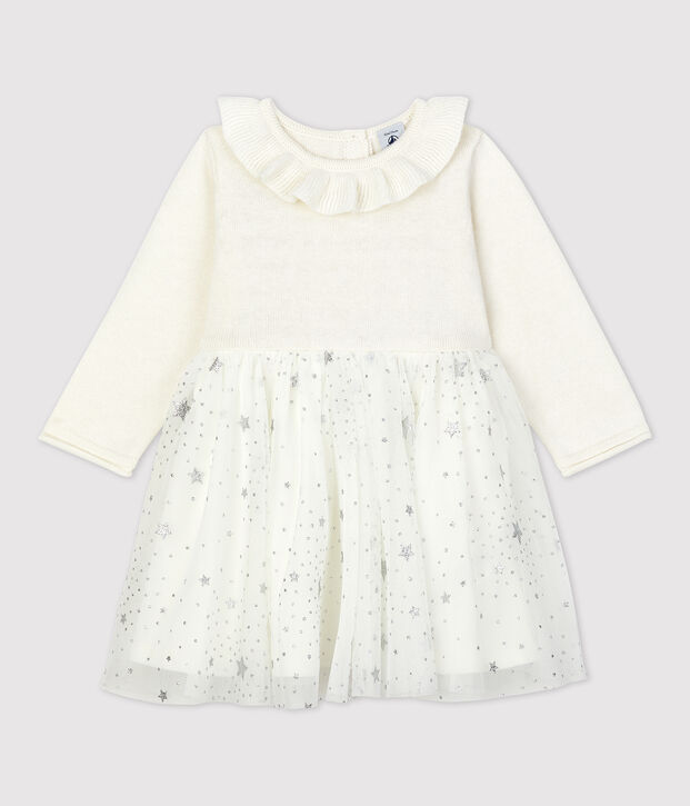 Vestido de tejido de punto de beb&eacute;. blanco/gris