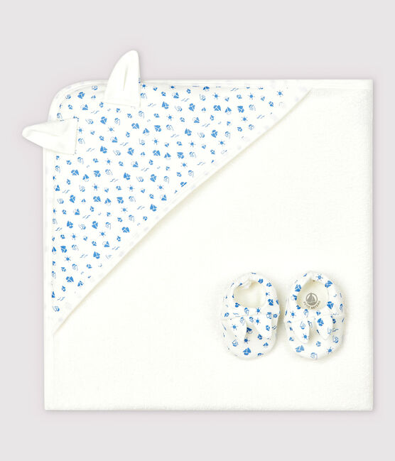 Estuche con toalla cuadrada y patucos de bebé de esponja y algodón ecológico blanco MARSHMALLOW/azul COOL