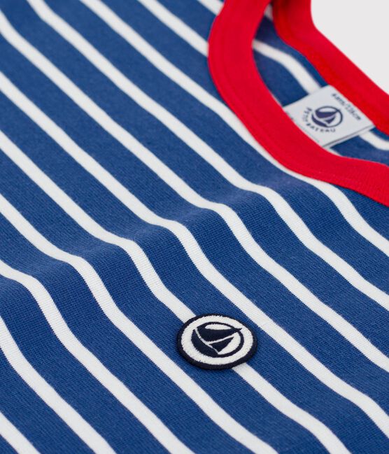 Camiseta infantil de manga corta de algodón a rayas azul CREPUSCULE/ MARSHMALLOW