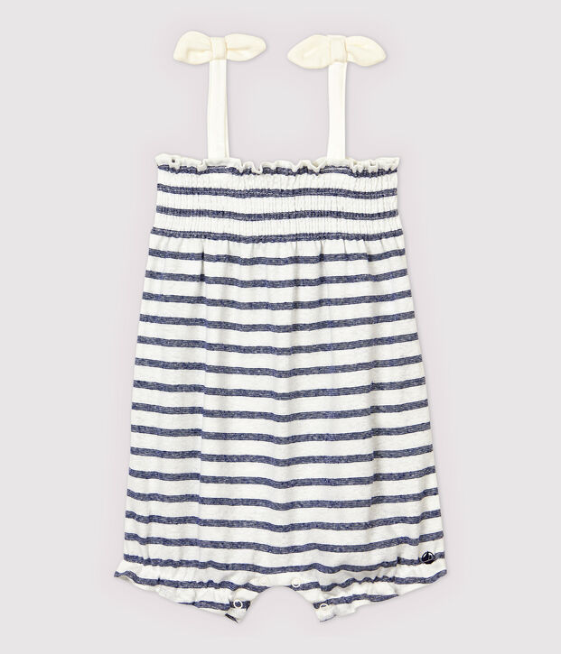 Mono corto de algod&oacute;n/lino de rayas de beb&eacute; ni&ntilde;a blanco/azul