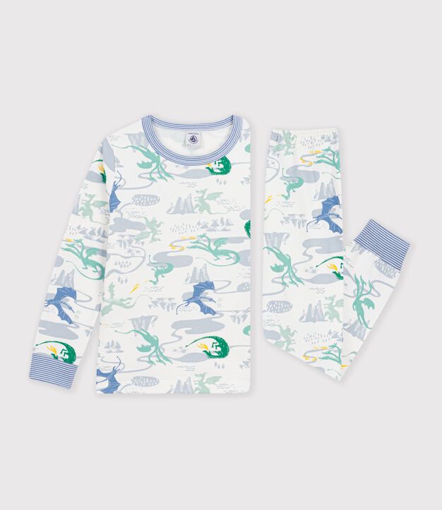 Pijama infantil de mulet&oacute;n con estampado de dragones blanco/multicolor