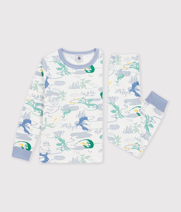 Pijama infantil de mulet&oacute;n con estampado de dragones blanco/multicolor