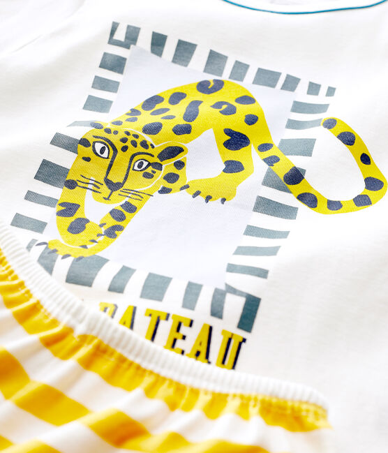Pijama corto con motivo de pantera de niño de algodón blanco MARSHMALLOW/amarillo OCRE