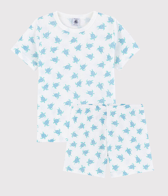 Pijama corto con estampado de tortugas de algodón ultra-ligero de niño/niña blanco MARSHMALLOW/blanco MULTICO