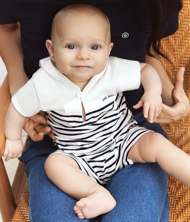 Pelele corto de algod&oacute;n a rayas con cuello de uniforme para beb&eacute; azul/azul