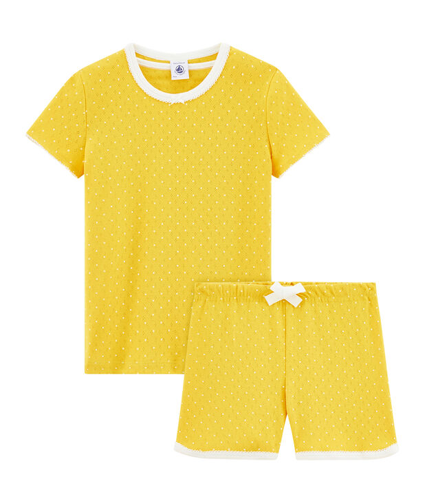 Pijama corto de punto para ni&ntilde;a amarillo/blanco