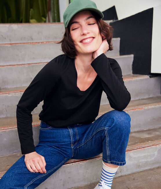 Camiseta LA RECTA de algodón con cuello de pico para mujer negro NOIR